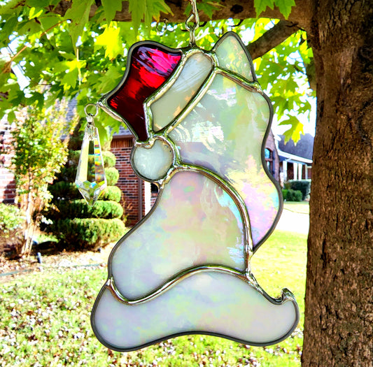 Iridescent White Christmas Kitty Crystal Drip Stained Glass Suncatcher