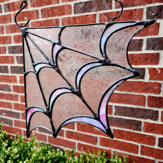 Bubble Goth Spider Web in Pink Iridescent and Glue Chip Stained Glass Corner Panel