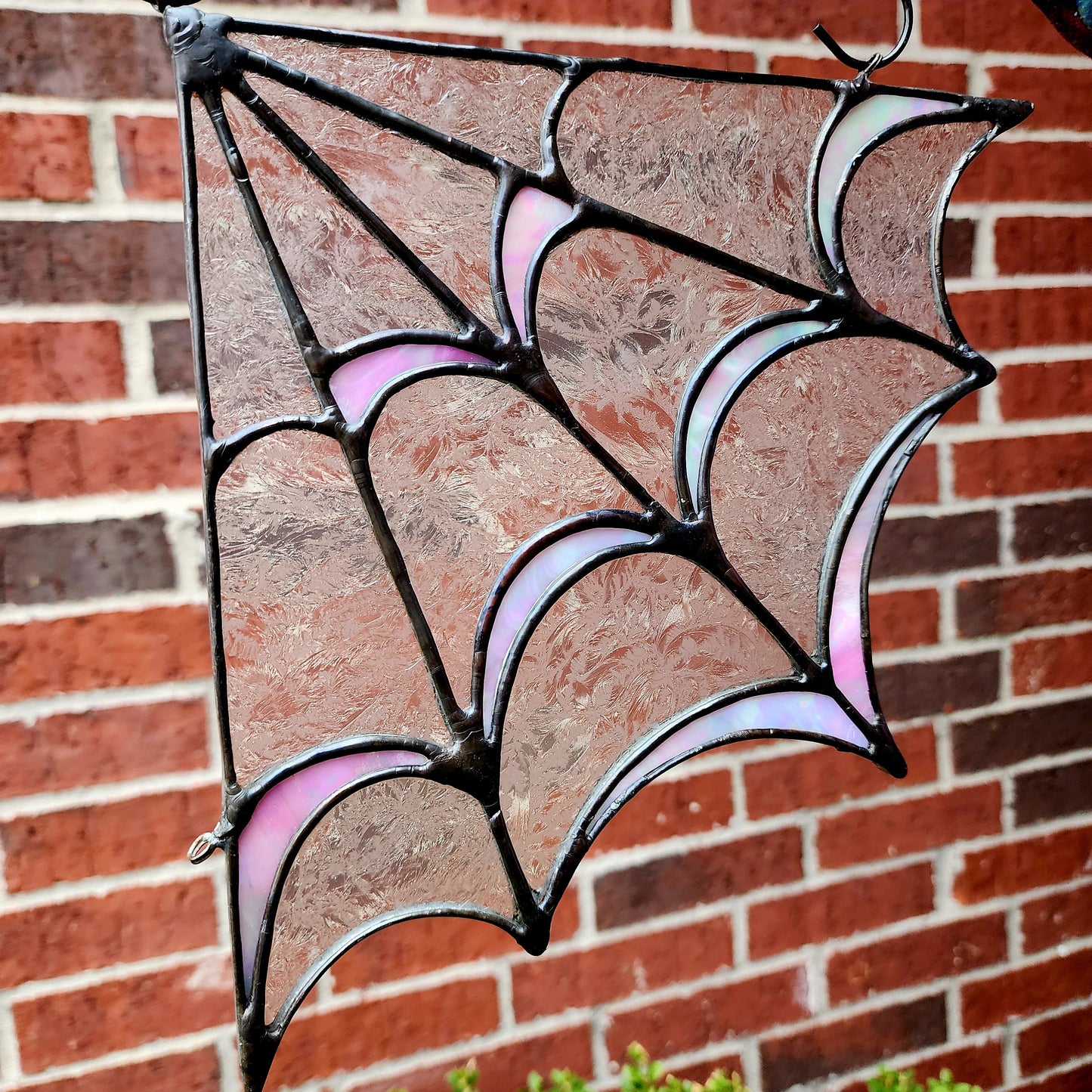 Bubble Goth Spider Web in Pink Iridescent and Glue Chip Stained Glass Corner Panel