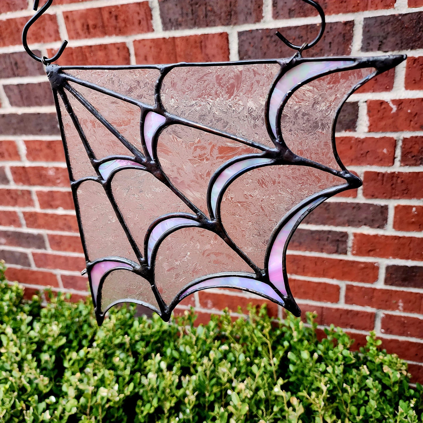 Bubble Goth Spider Web in Pink Iridescent and Glue Chip Stained Glass Corner Panel