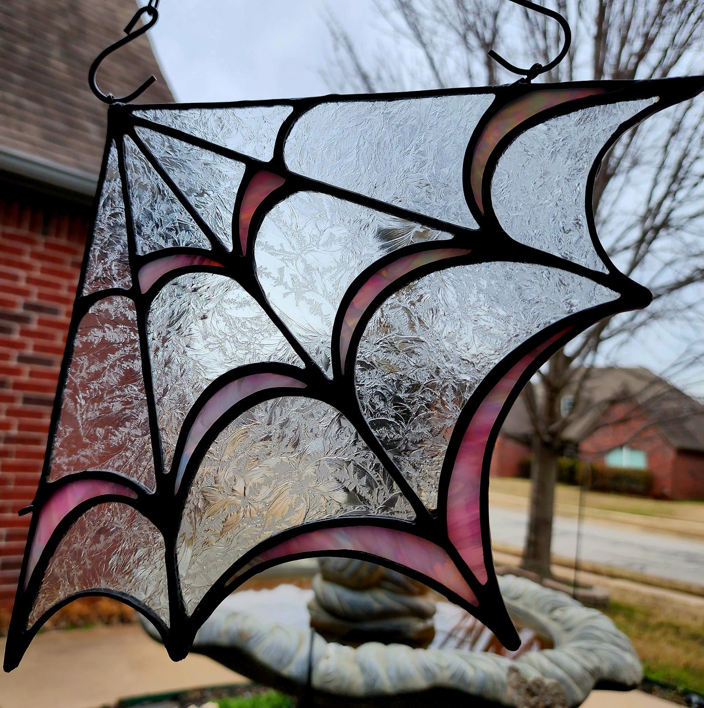 Bubble Goth Spider Web in Pink Iridescent and Glue Chip Stained Glass Corner Panel