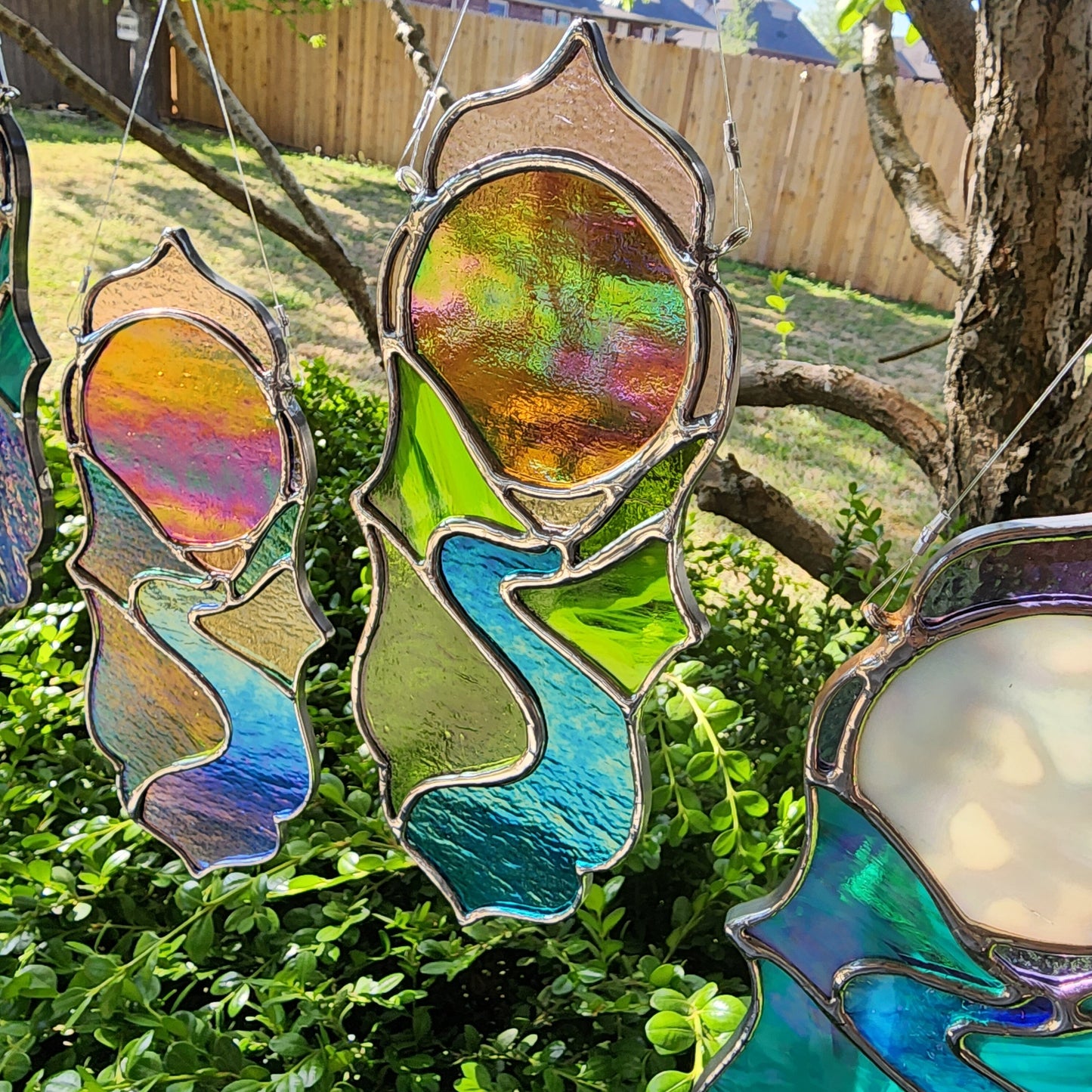 Teal River Sunrise Landscape Iridescent Stained Glass Suncatcher Hanging Panel