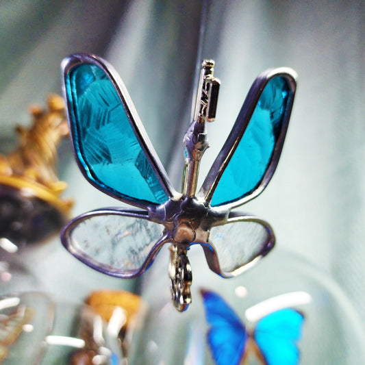 Blue Textured on Clear Iridescent - Flying Key - Stained Glass Suncatcher