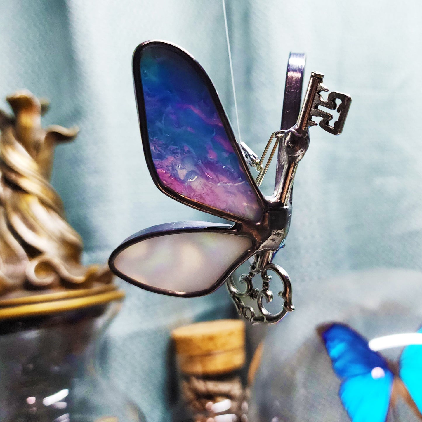 Blue Waters Iridescent on White Mottled Iridescent - Flying Key - Stained Glass Suncatcher