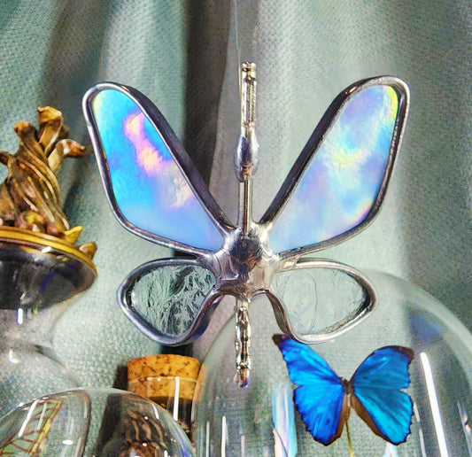 White Mottled Iridescent on Clear Glue Chip - Flying Key - Stained Glass Suncatcher