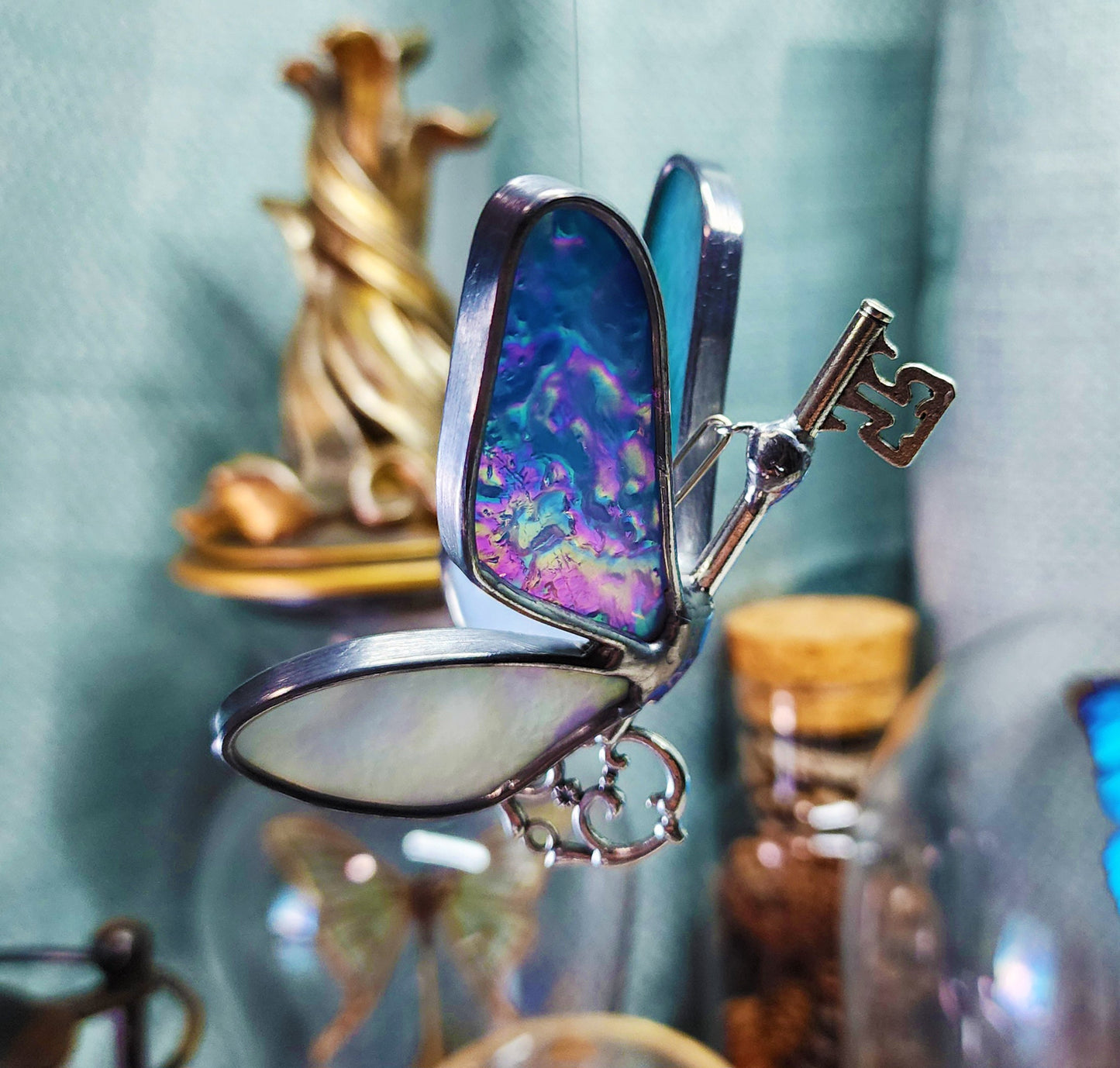 Blue Waters Iridescent on White Mottled Iridescent - Flying Key - Stained Glass Suncatcher