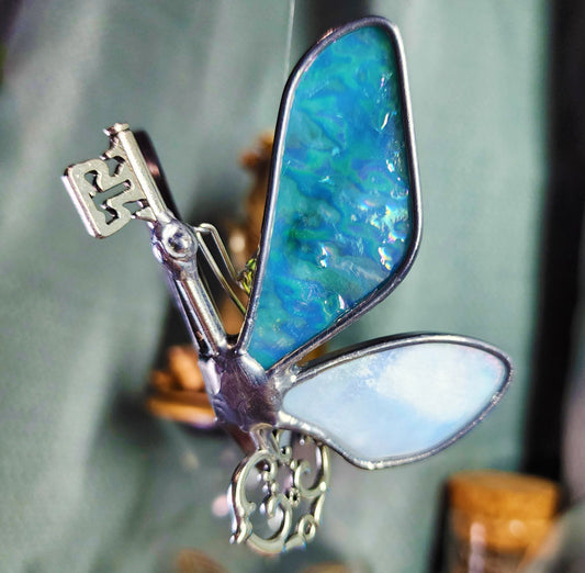 Blue Waters Iridescent on White Mottled Iridescent - Flying Key - Stained Glass Suncatcher